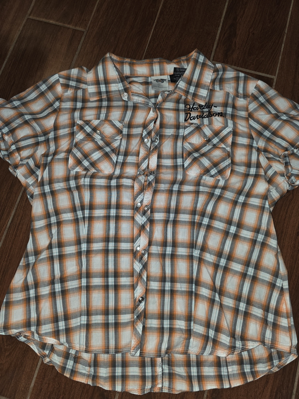 Harley-Davidson Orange, Gray & White Plaid Button-Up Shirt